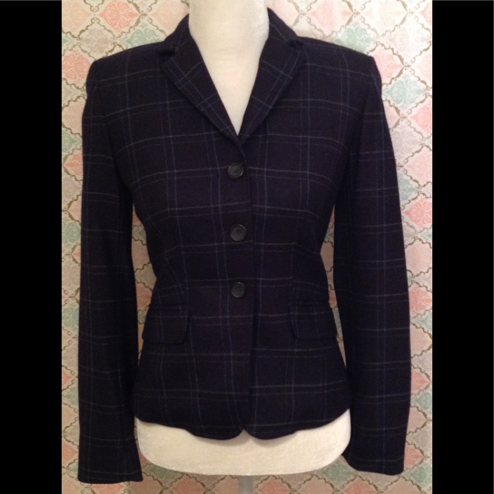 J Crew navy and gray plaid fitted blazer.